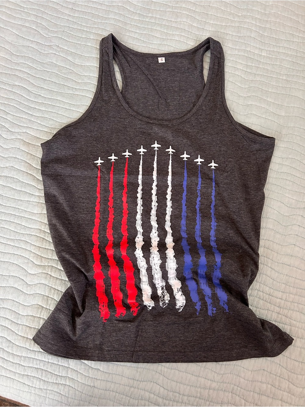 Women's Dark Gray Graphic Racerback Tank Top with Red, White & Blue Flying Jets.